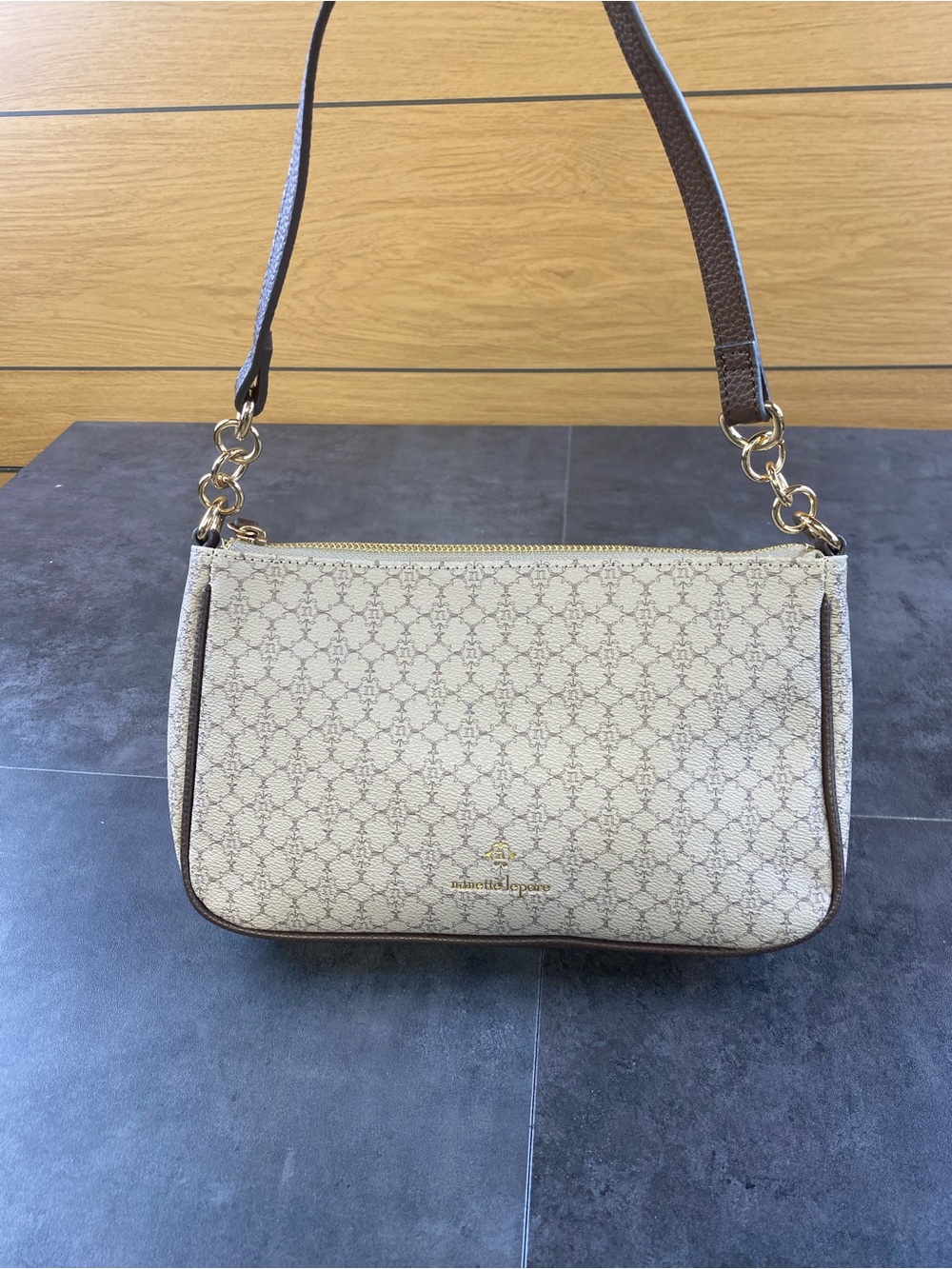 Nanette Lepore Cream/Brown Monogram Baguette Shoulder Bag with Brown Strap